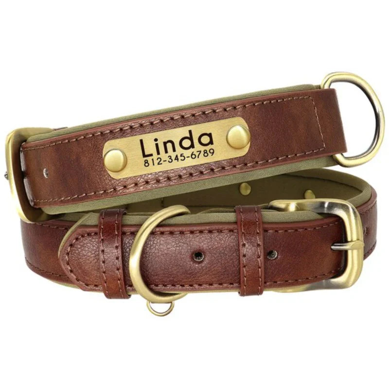 Personalised Leather Dog Collar With Name & Phone Number UK - Custom Dog Collar UK - Brown | textbadge