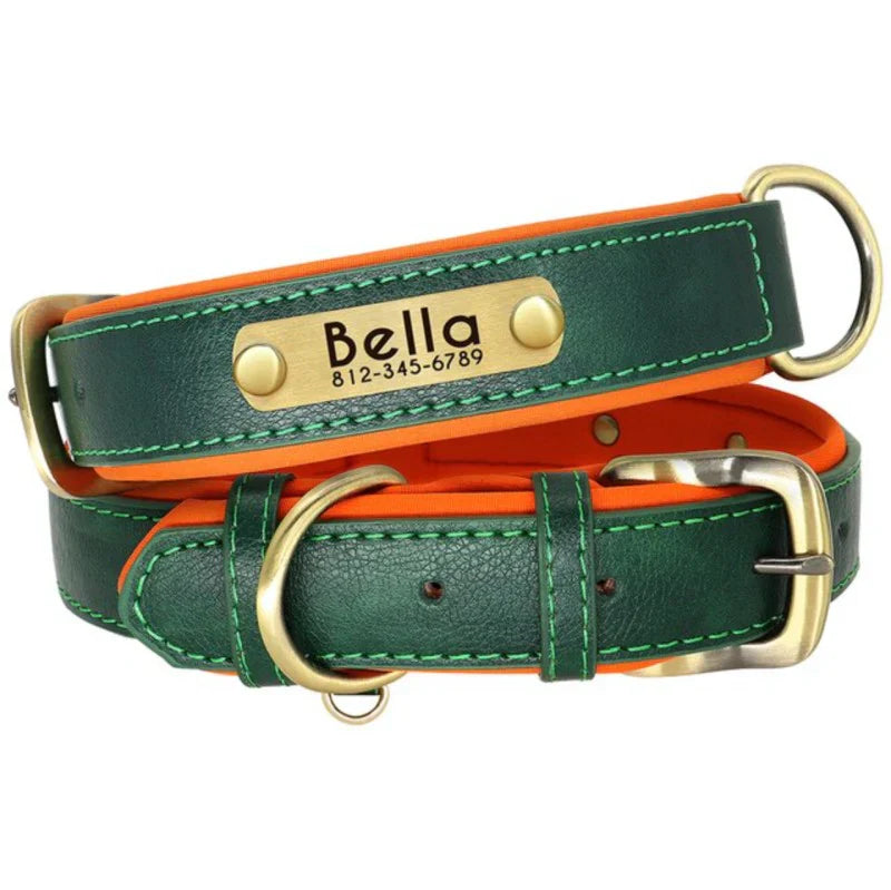 Personalised Leather Dog Collar With Name & Phone Number UK - Custom Dog Collar UK - Green