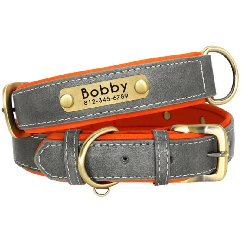 Personalised Leather Dog Collar With Name & Phone Number UK - Custom Dog Collar UK - Grey
